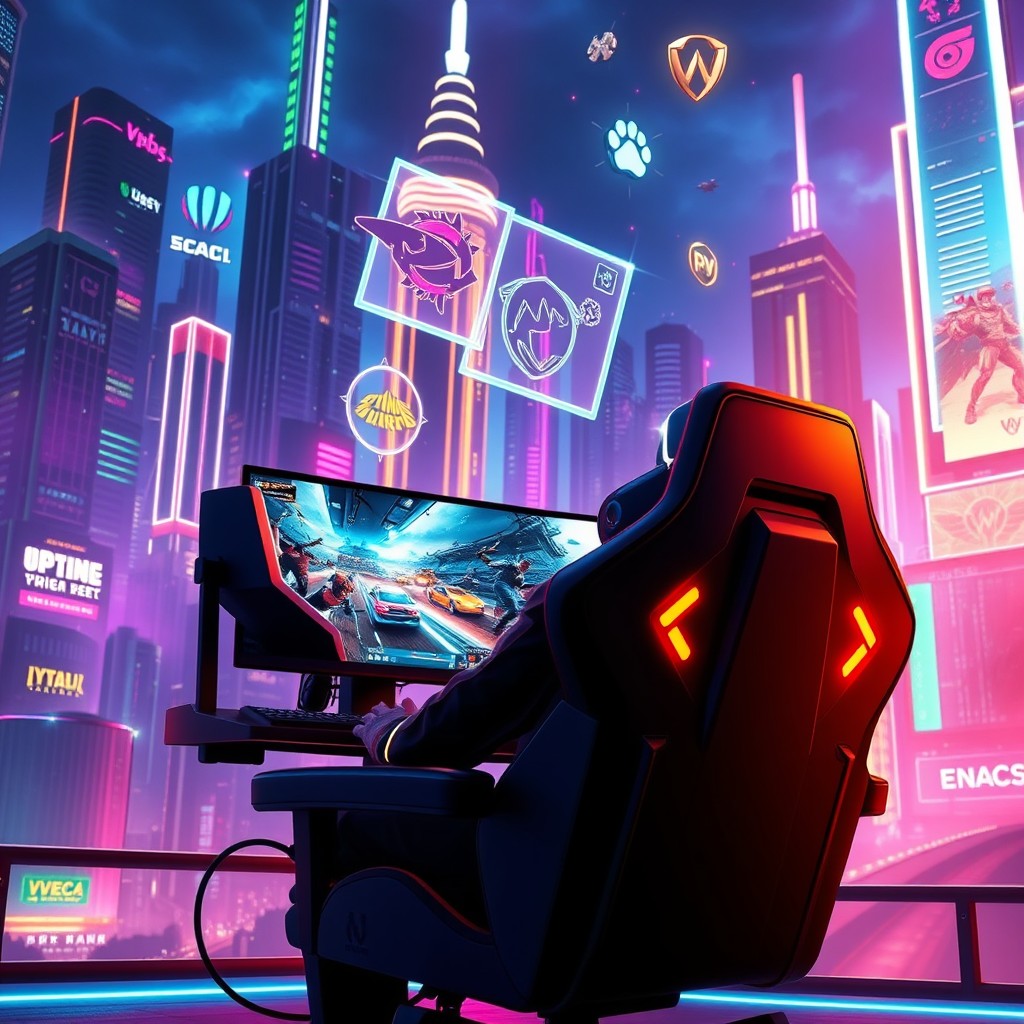 A vibrant and dynamic gaming wallpaper featuring a futuristic cityscape filled with neon lights and towering skyscrapers