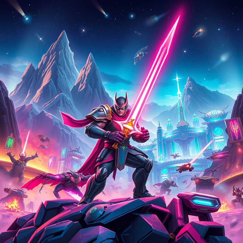 A dynamic and colorful wallpaper design for a gaming live stream, featuring an epic fantasy landscape with towering mountains, a futuristic city skyline, and vibrant neon lights illuminating the scene