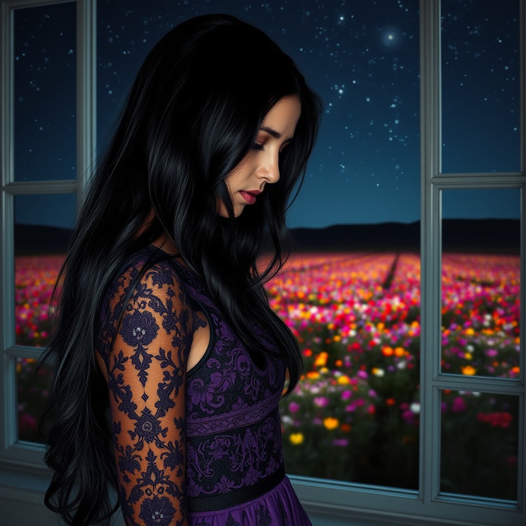 A beautiful and sad woman with long, flowing black hair, gazing down contemplatively