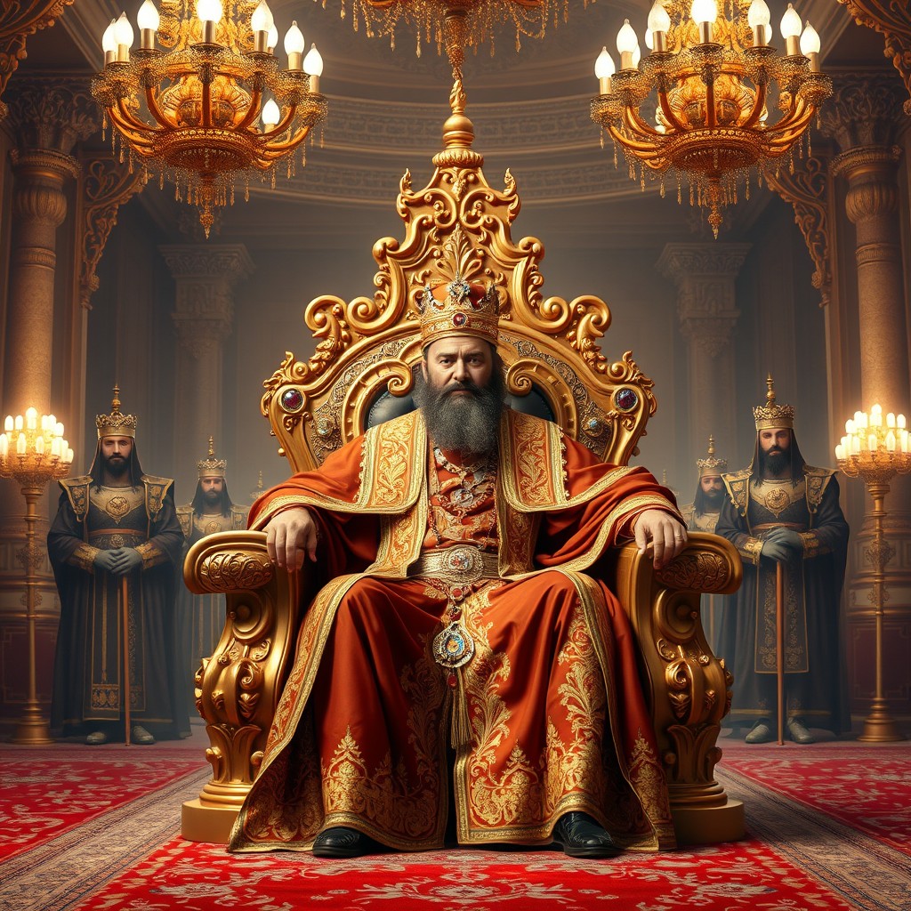 A majestic depiction of a Shahanshah, or king, sitting on an opulent throne adorned with intricate designs and gemstones