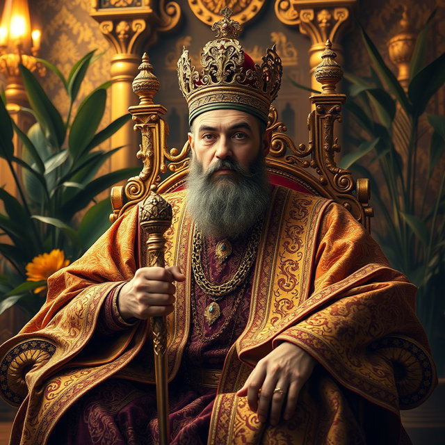 An exquisite portrait of a Shahanshah (king) seated on an opulent throne, adorned with intricate golden embroidery and jewels