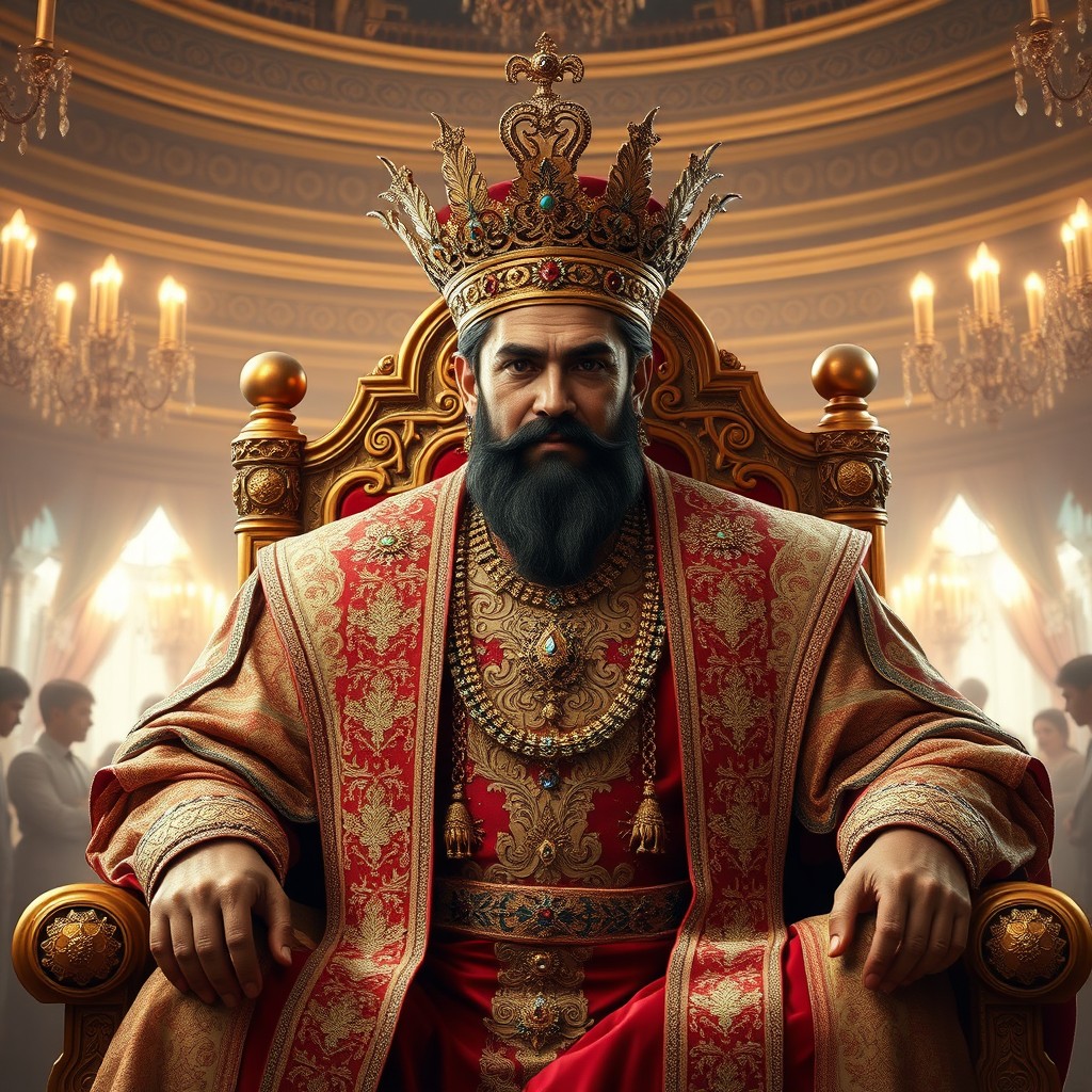An exquisite artistic representation of a monumental Shahanshah (King of Kings), adorned in elaborate traditional royal attire, richly embellished with intricate embroidery and jewels