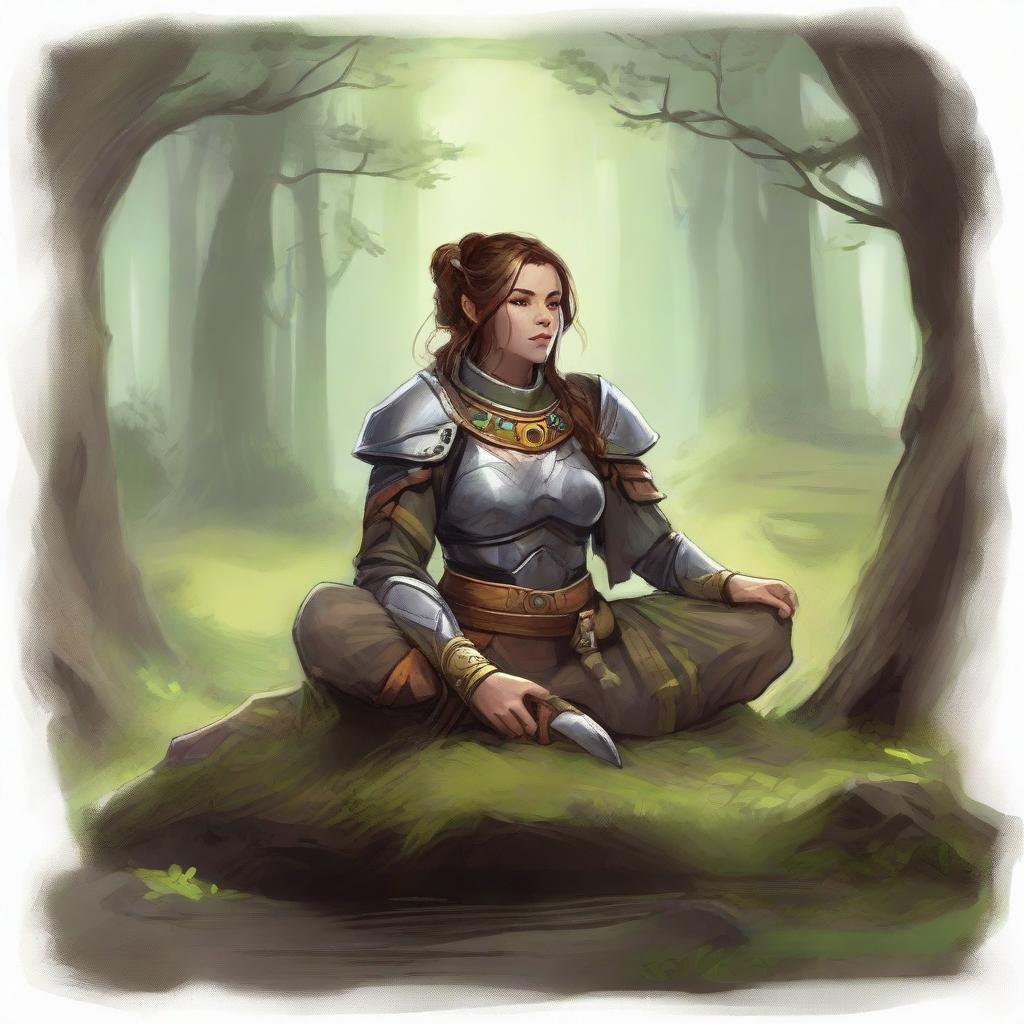 energy made from splinters and earth floats around a female dwarven kineticist that meditates amid nature while wearing her heavy armor