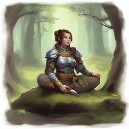 energy made from splinters and earth floats around a female dwarven kineticist that meditates amid nature while wearing her heavy armor