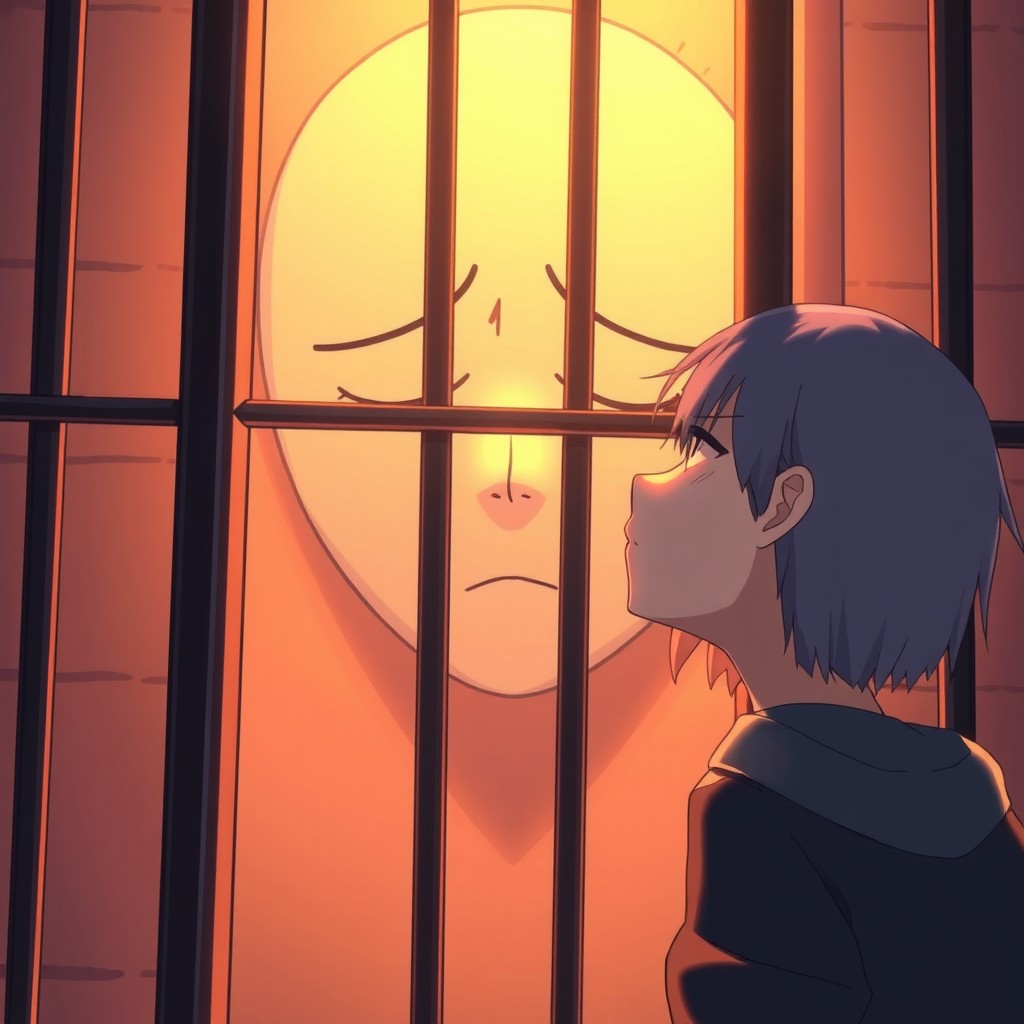 An anime-style digital art piece featuring a sad, blank face behind bars in a jail cell