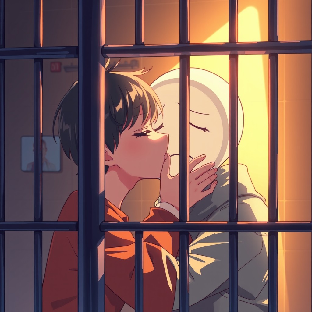 Anime-style illustration of a sad blank face inside a jail cell, portrayed with a mix of melancholy and introspection