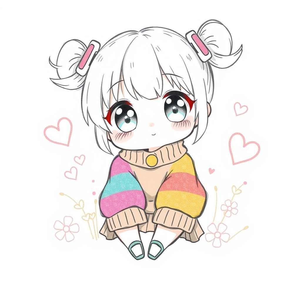 A cute chibi girl with big sparkling eyes, wearing a colorful oversized sweater and a short pleated skirt, sitting in a playful pose