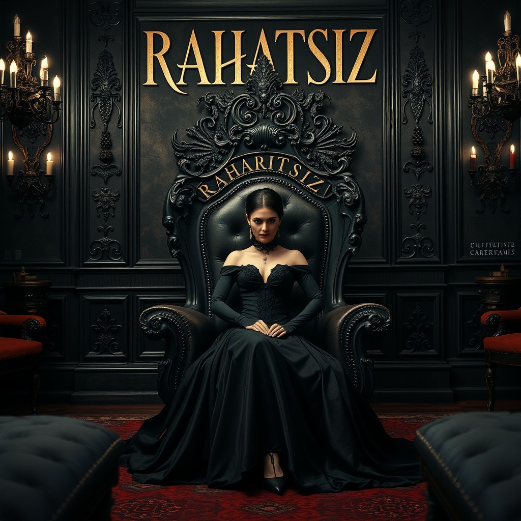 A stunning room featuring a regal vampire woman seated in a queen's chair