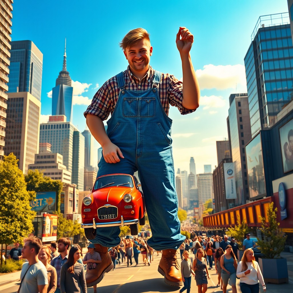 A giant young man in blue denim overalls, with a friendly smile and tousled hair, gently picking up a tiny car in a bustling city