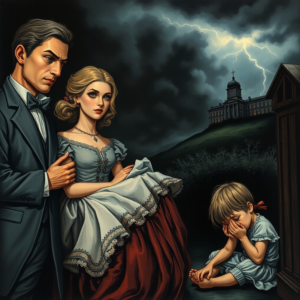 A dramatic and intense illustration depicting a family rivalry in a gothic, darkly atmospheric setting