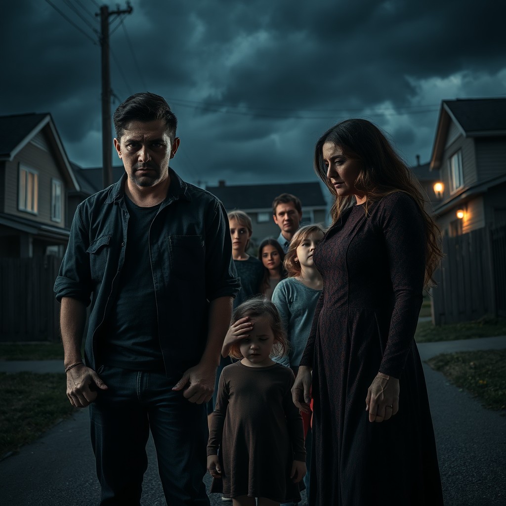 A dramatic scene depicting a tense family rivalry amidst a moody backdrop