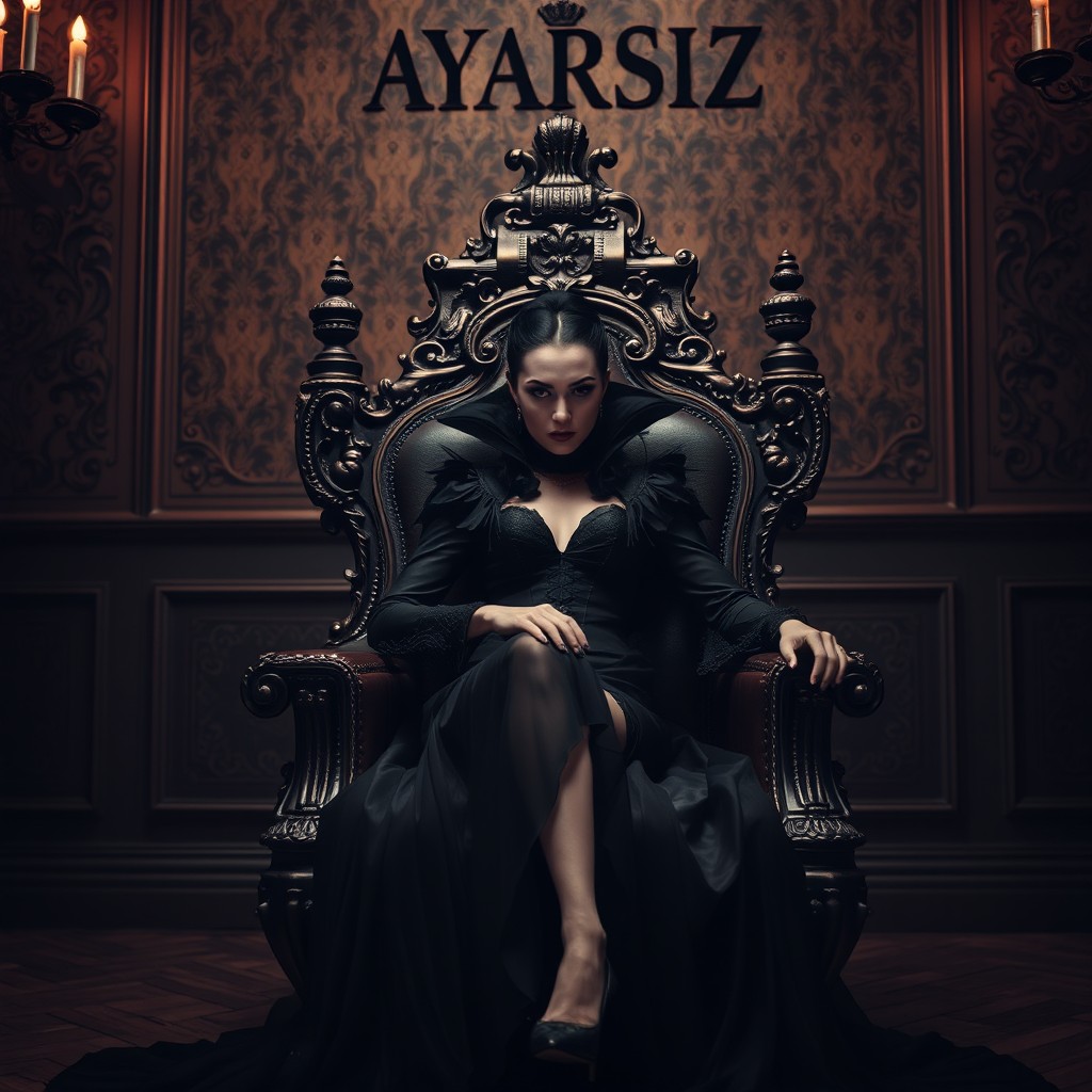 A stunning and eerie scene depicting a female vampire seated on an ornate queen's chair in a lavish, darkly themed room