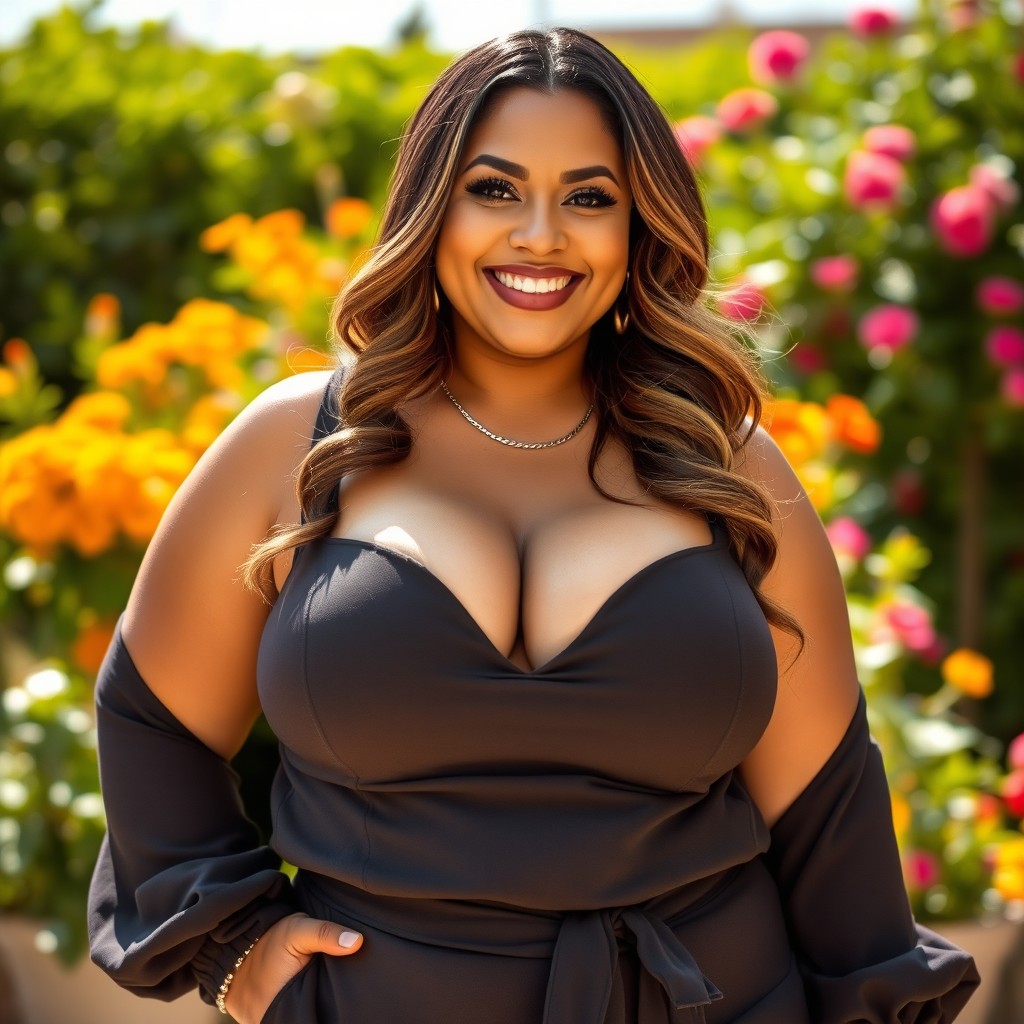 A confident plus-sized woman with voluptuous features, showcasing her curves