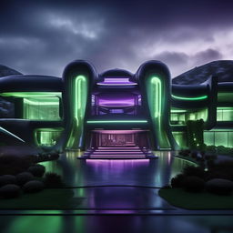 An external shot of a futuristic, high-tech mansion, the lair of an evil billionaire genius. The modern design intertwined with hints of chilling blues, eerie greens, and intense purples which reflects his malevolence and resonates with raw power and untamed fury.