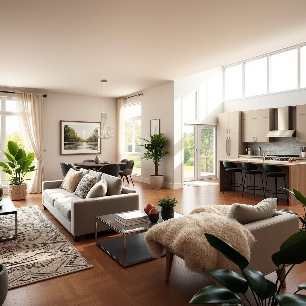 A cozy living room integrated with a modern kitchen