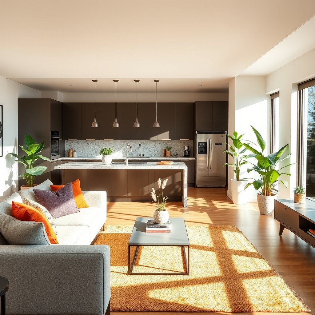 A cozy living room with an integrated kitchen, featuring modern decor