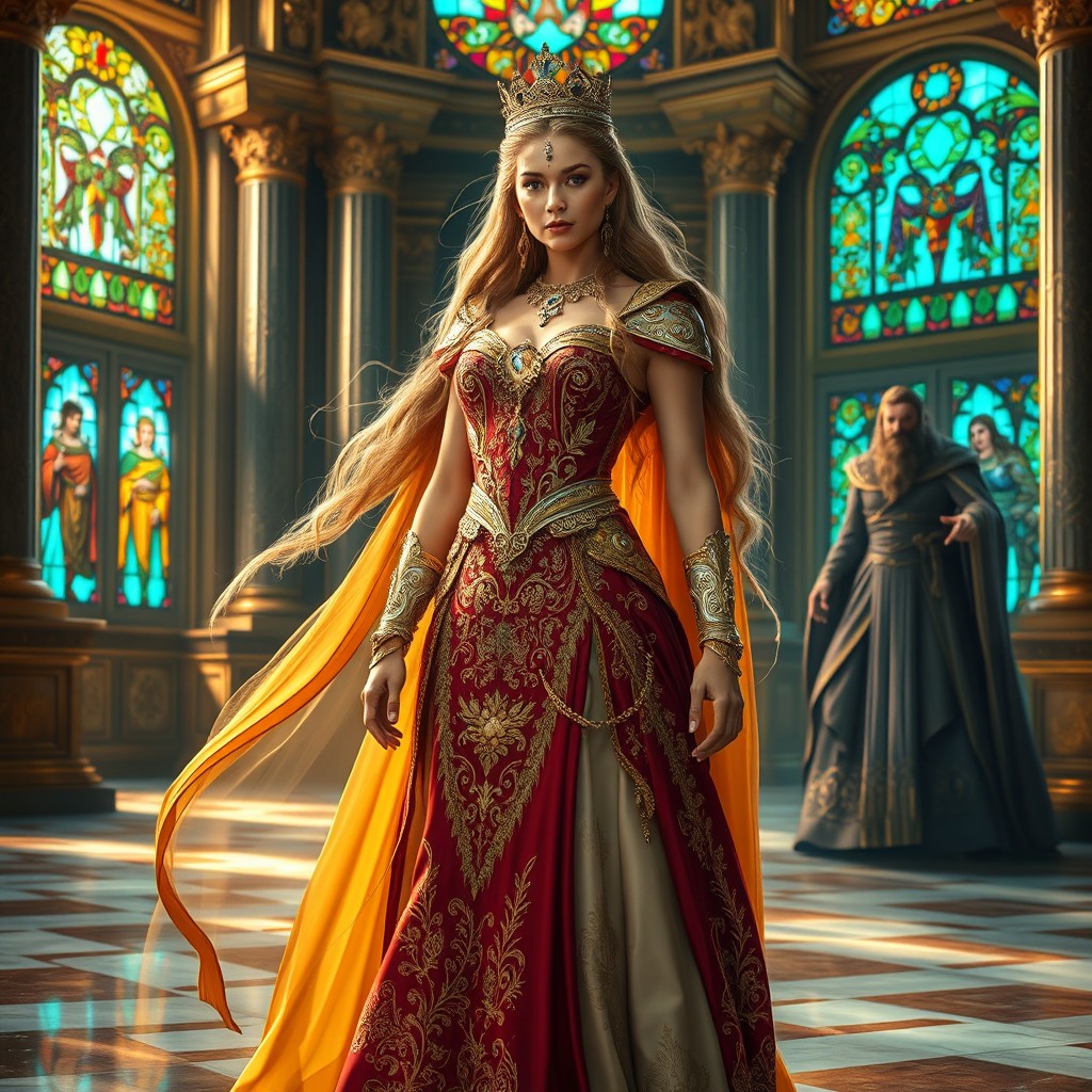 A beautiful queen named Etsre, adorned in an extravagant royal gown with intricate gold and silver embroidery, stands bravely in a grand palace, her long flowing hair cascading elegantly over her shoulders