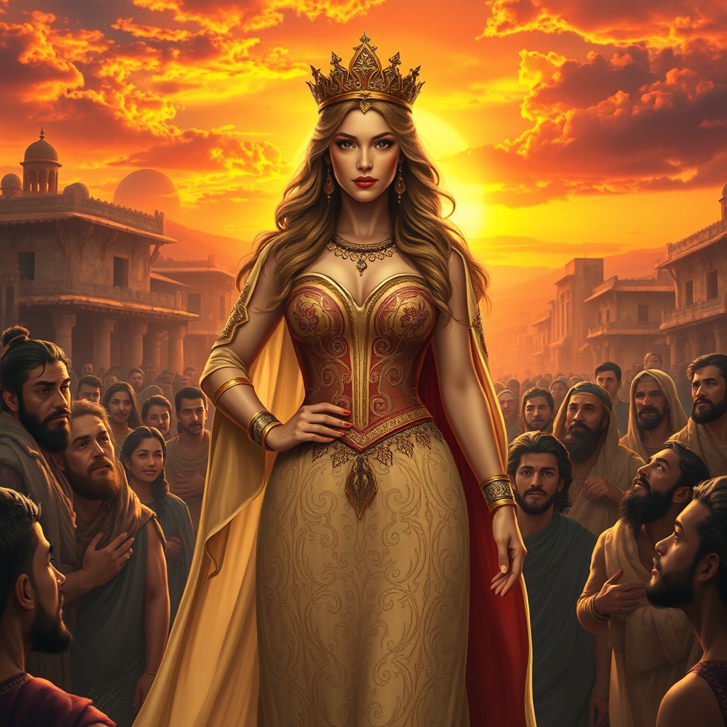 A stunningly beautiful queen named Etsre, displaying regal elegance and grace, stands valiantly among her people, heroically saving Israel from the malevolent plans of Haman