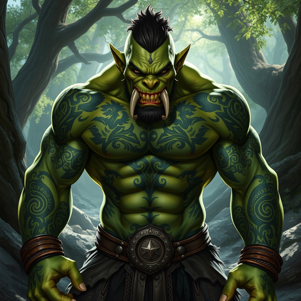 A powerful male orc showcasing an array of intricate tattoos covering his muscular body, with a fierce expression on his face