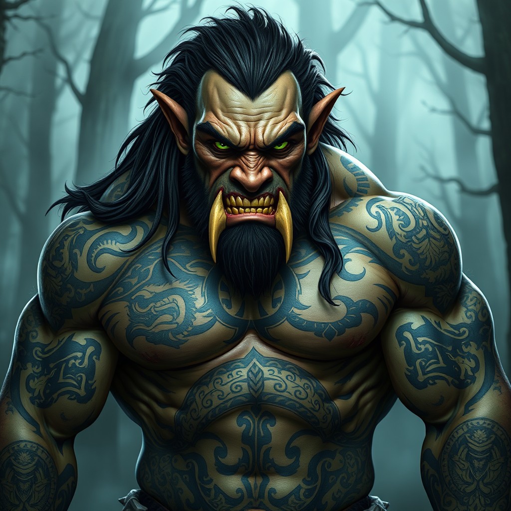 A muscular male orc, standing confidently with a fierce expression, covered in an intricate array of tattoos that depict tribal patterns and mythical creatures