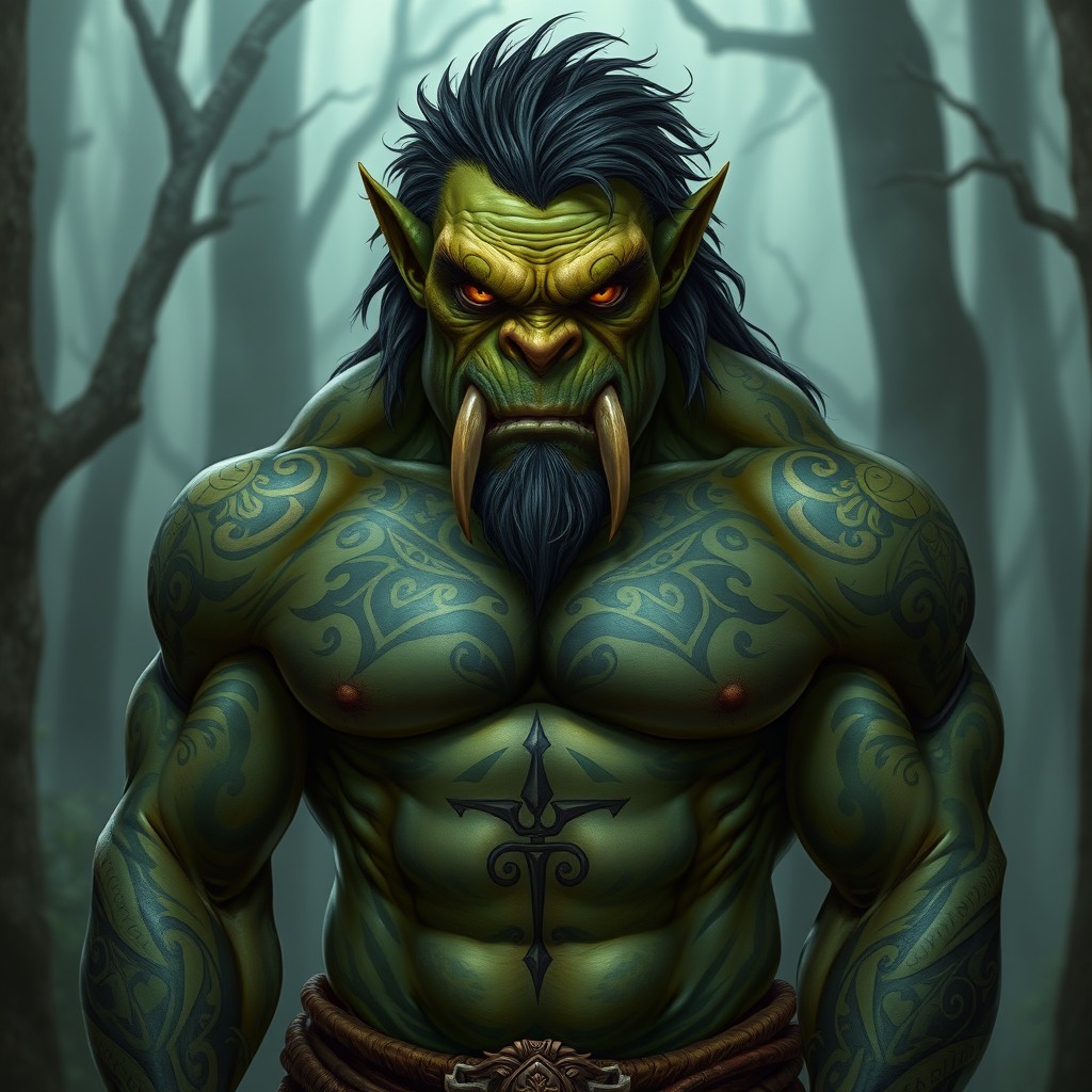 A muscular male orc with an impressive physique, covered in intricate tattoos that depict tribal designs and ancient symbols