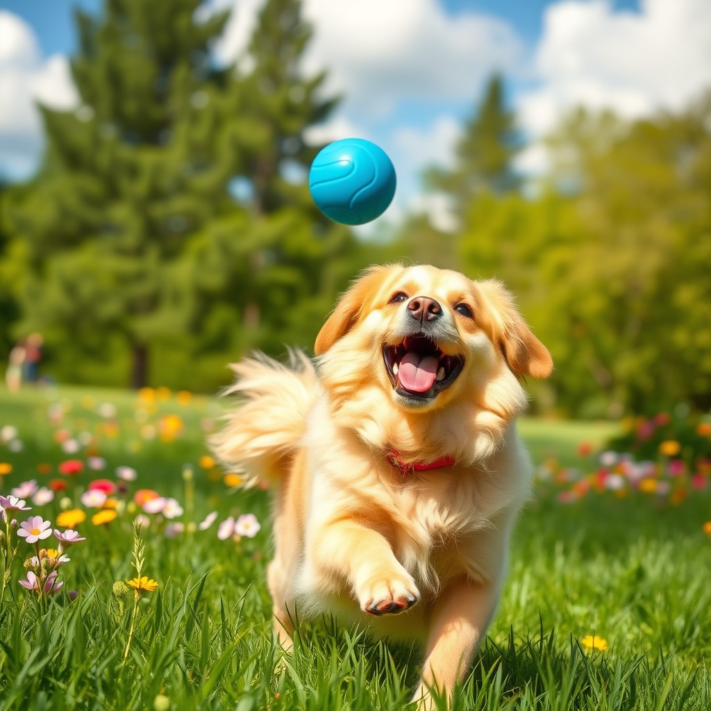 A fluffy golden retriever playing fetch in a sunlit park, surrounded by vibrant green grass and colorful flowers