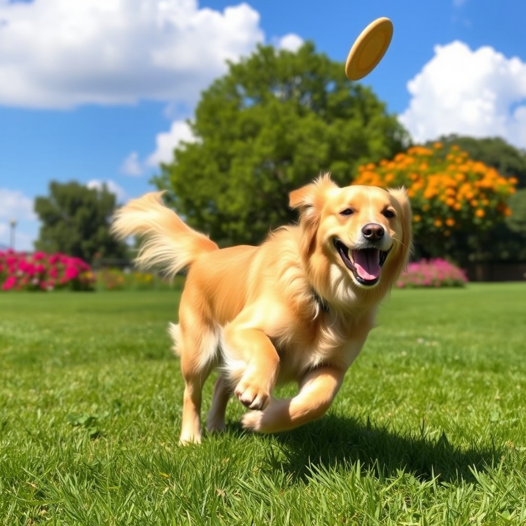 A playful and energetic dog bounding through a sunny green park, its fur glistening in the sunlight, tail wagging joyfully