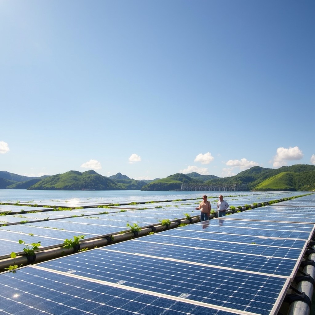 A beautiful floating solar photovoltaic plant located in the Paraná region, showcasing the Santa Clara Hydroelectric Plant in the background