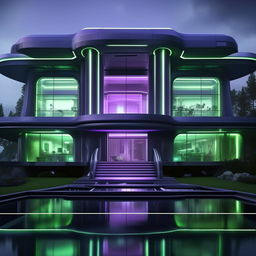 An external shot of a futuristic, high-tech mansion, the lair of an evil billionaire genius. The modern design intertwined with hints of chilling blues, eerie greens, and intense purples which reflects his malevolence and resonates with raw power and untamed fury.