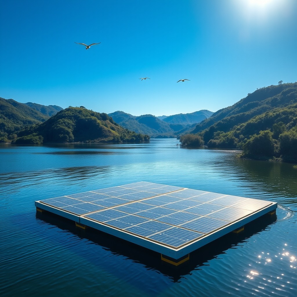 A picturesque view of a floating solar photovoltaic power plant located on a serene lake in the Paraná region of Brazil, showcasing the pilot projects at the Santa Clara Hydroelectric Plant
