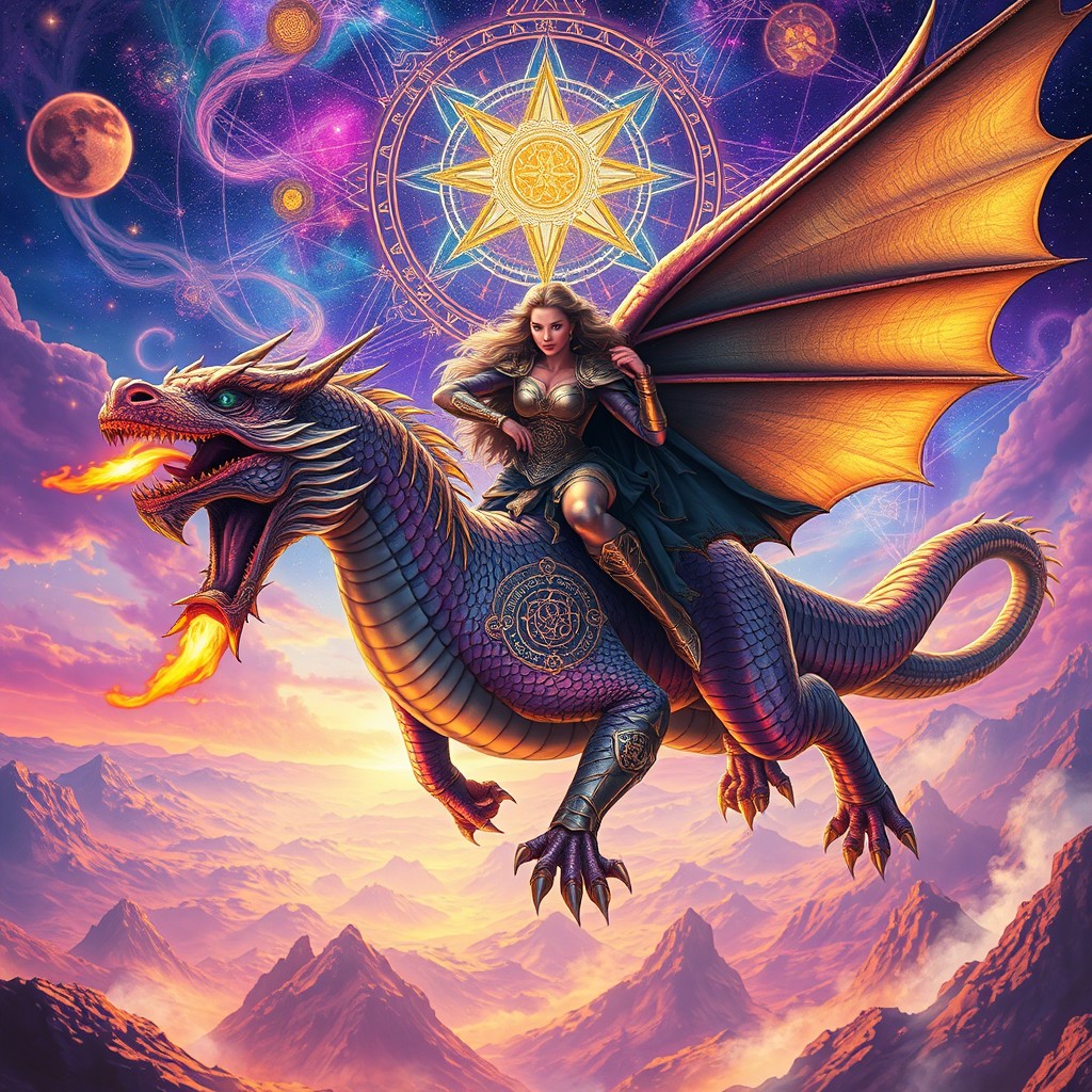 A powerful and bold woman warrior, clad in intricate armor adorned with mystical symbols, fiercely rides a majestic dragon soaring through a vivid alternative universe