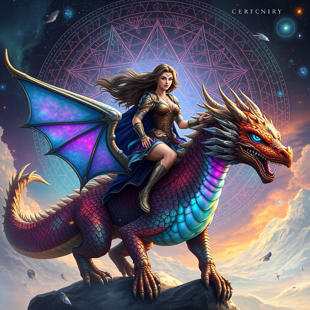 A bold woman warrior with flowing hair, dressed in intricately designed armor, confidently riding a majestic mystical dragon