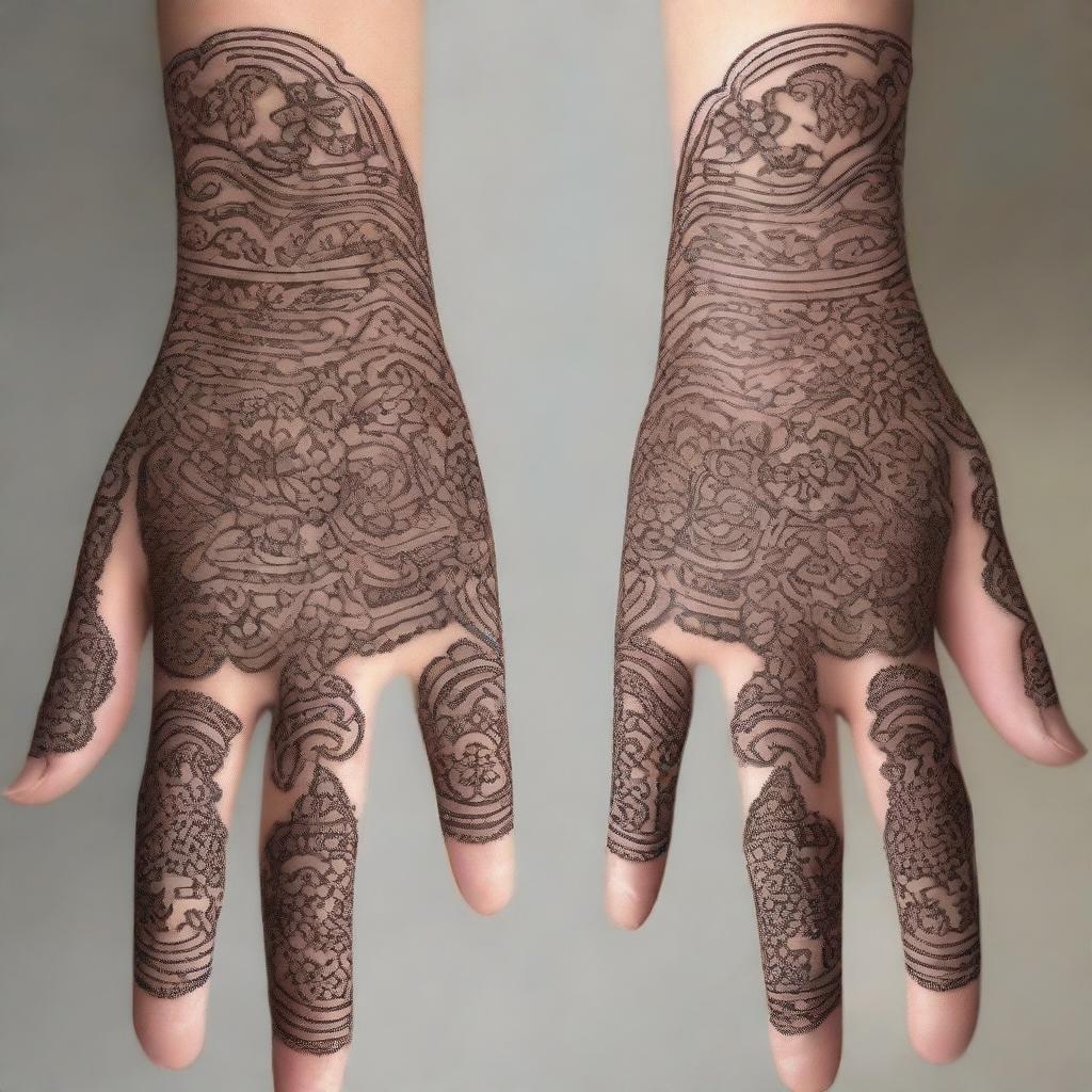 A high-quality digital art image displaying an intricate Mehndi design on the back of a hand