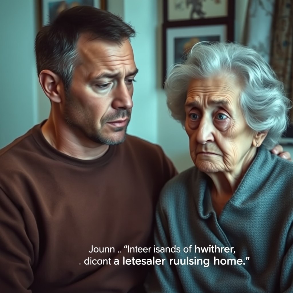 A middle-aged man with light skin and a tired expression is speaking to an elderly woman with gray hair and a sad gaze