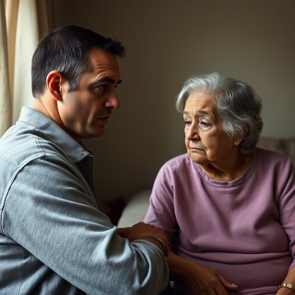 A middle-aged man with light skin and a tired expression is talking to his elderly mother, who has gray hair and a sad gaze