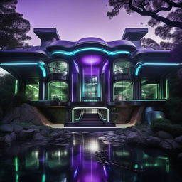 An external shot of a futuristic, high-tech mansion, the lair of an evil billionaire genius. The modern design intertwined with hints of chilling blues, eerie greens, and intense purples which reflects his malevolence and resonates with raw power and untamed fury.