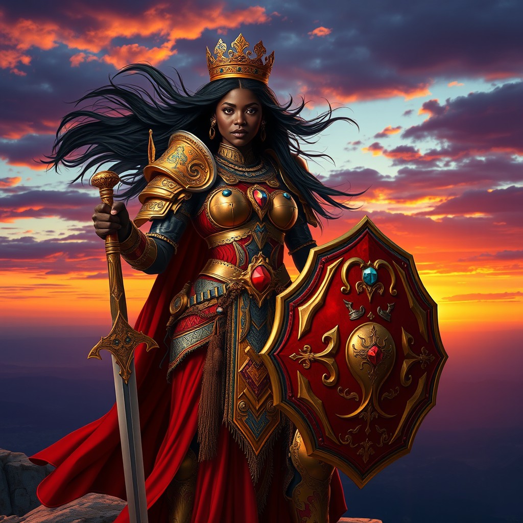 A powerful black princess warrior, dressed in intricately designed, vibrant armor that reflects her royal status and fierce nature