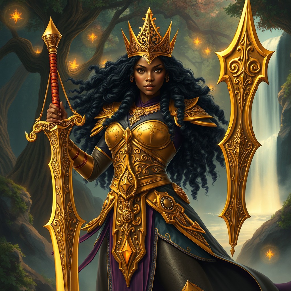A powerful black princess warrior adorned in elaborate golden armor, wielding a majestic sword with intricate designs