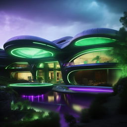 An external shot of a futuristic, high-tech mansion, the lair of an evil billionaire genius. The modern design intertwined with hints of chilling blues, eerie greens, and intense purples which reflects his malevolence and resonates with raw power and untamed fury.