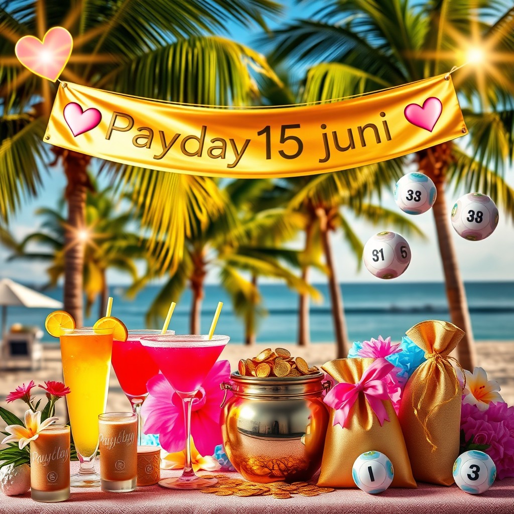 A glamorous summer scene featuring a golden banner that reads "Payday 15 juni" embellished with hearts