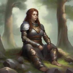 energy made from splinters and earth floats around a female dwarven kineticist that meditates amid nature while wearing her heavy armor