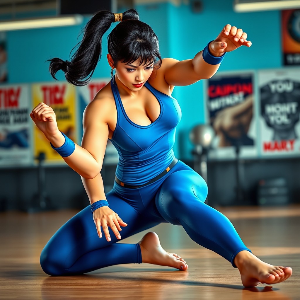 A dynamic scene of Chun-Li, the iconic character from Street Fighter, performing an aerobic exercise