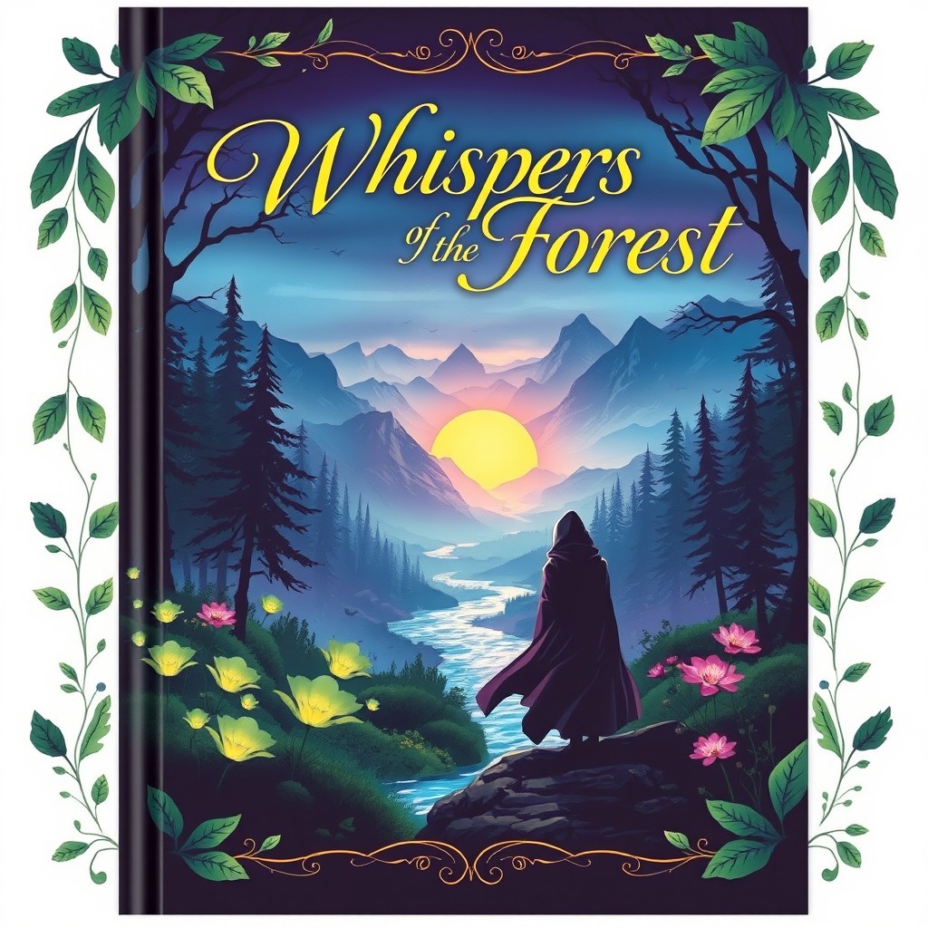 A captivating book cover design featuring a mystical forest at twilight, with ethereal glowing plants and a shimmering river