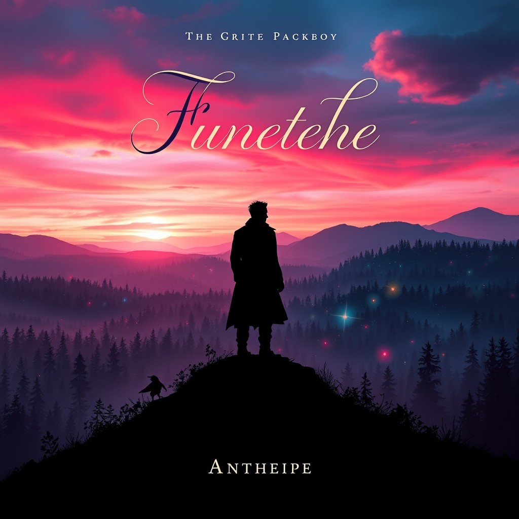 A stunning book cover design featuring an ethereal landscape at twilight with a vibrant blend of pink, purple, and orange hues in the sky
