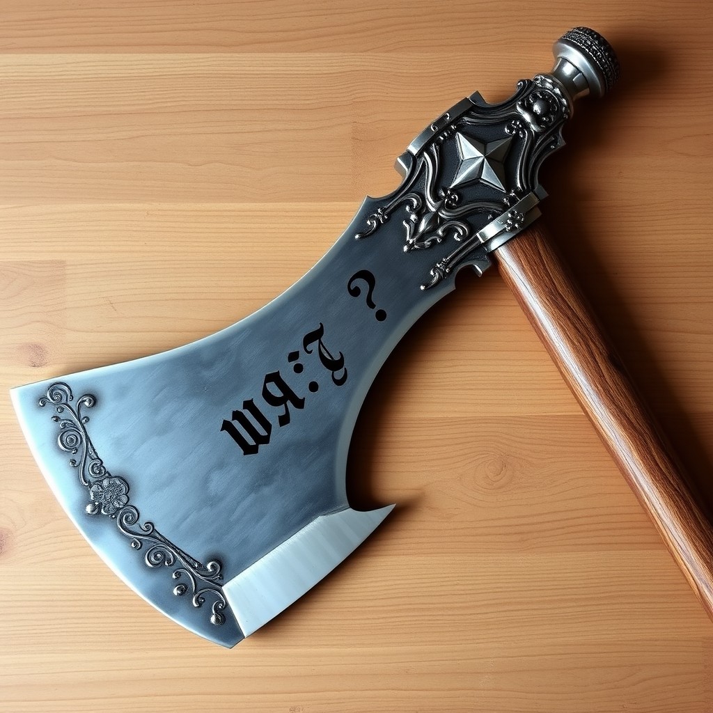 A beautiful, large axe with a shiny blade, intricately designed and featuring an ornate handle