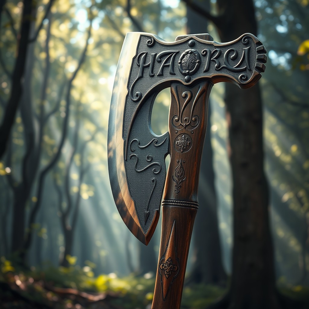 A beautiful large axe with an ornate design, featuring a shiny, polished blade inscribed in cursive Russian letters that read "СОСАЛ?"