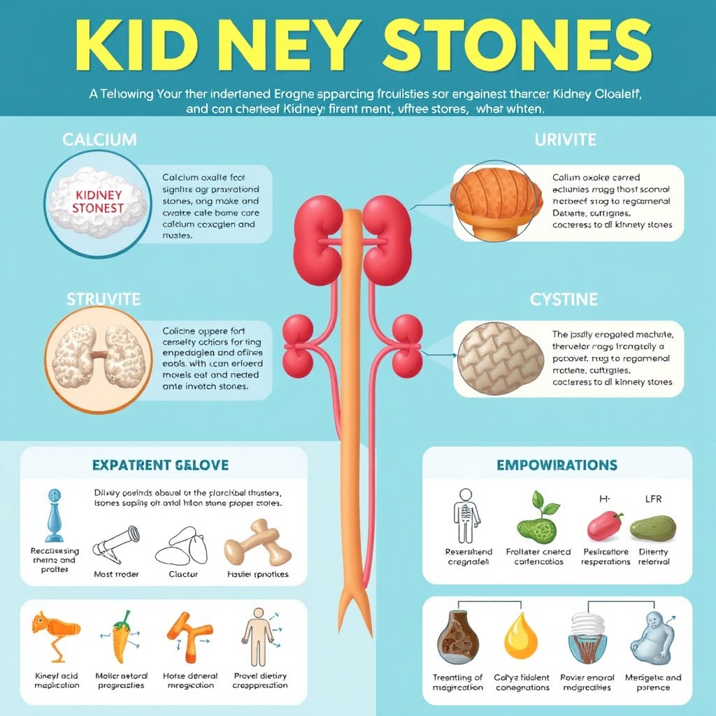 An educational infographic depicting various types of kidney stones, including calcium oxalate, uric acid, struvite, and cystine stones