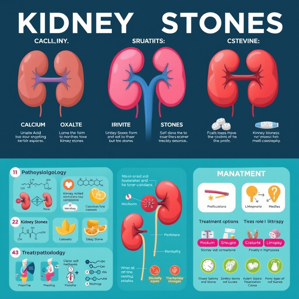 A vibrant and informative infographic depicting various types of kidney stones including calcium oxalate, uric acid, struvite, and cystine stones