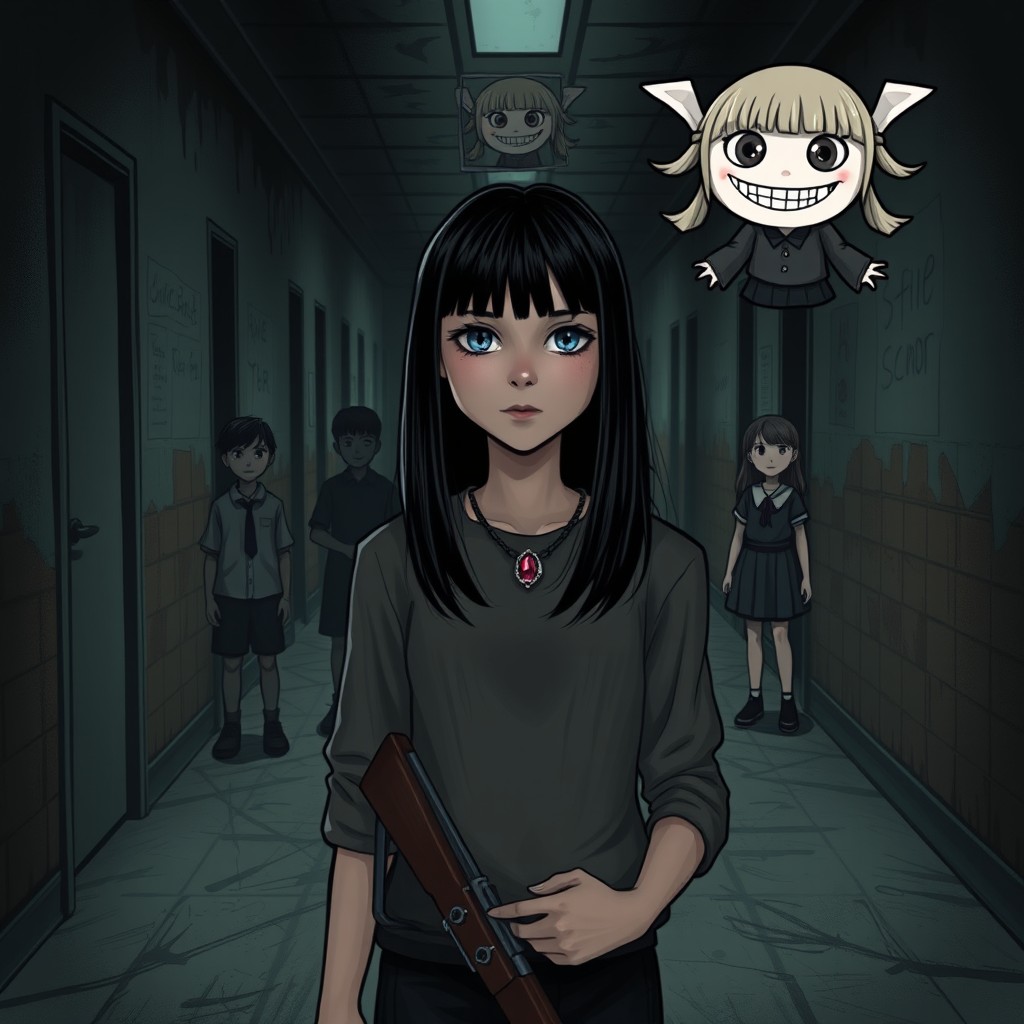 A dark and mysterious abandoned school hallway serving as the backdrop