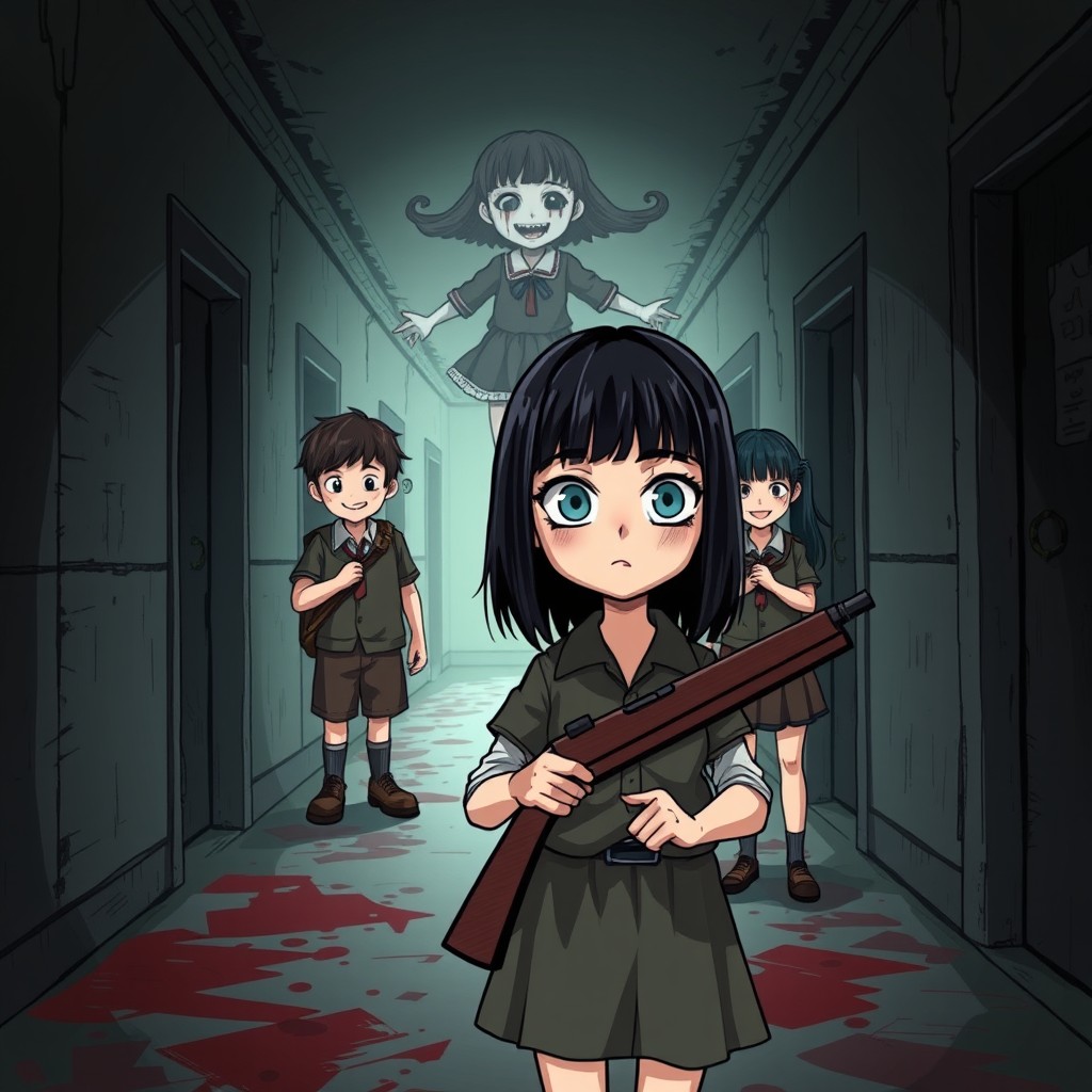 A dark and mysterious abandoned school hallway, featuring the protagonist Emma at the front